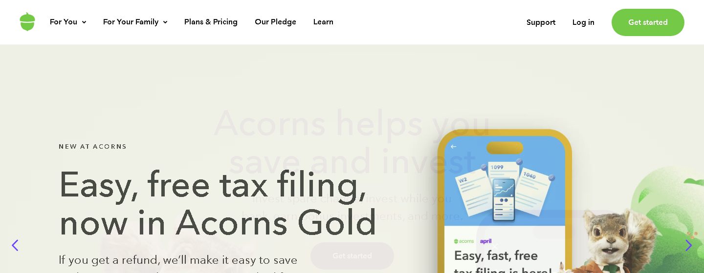 Acorns homepage showing the Get started button