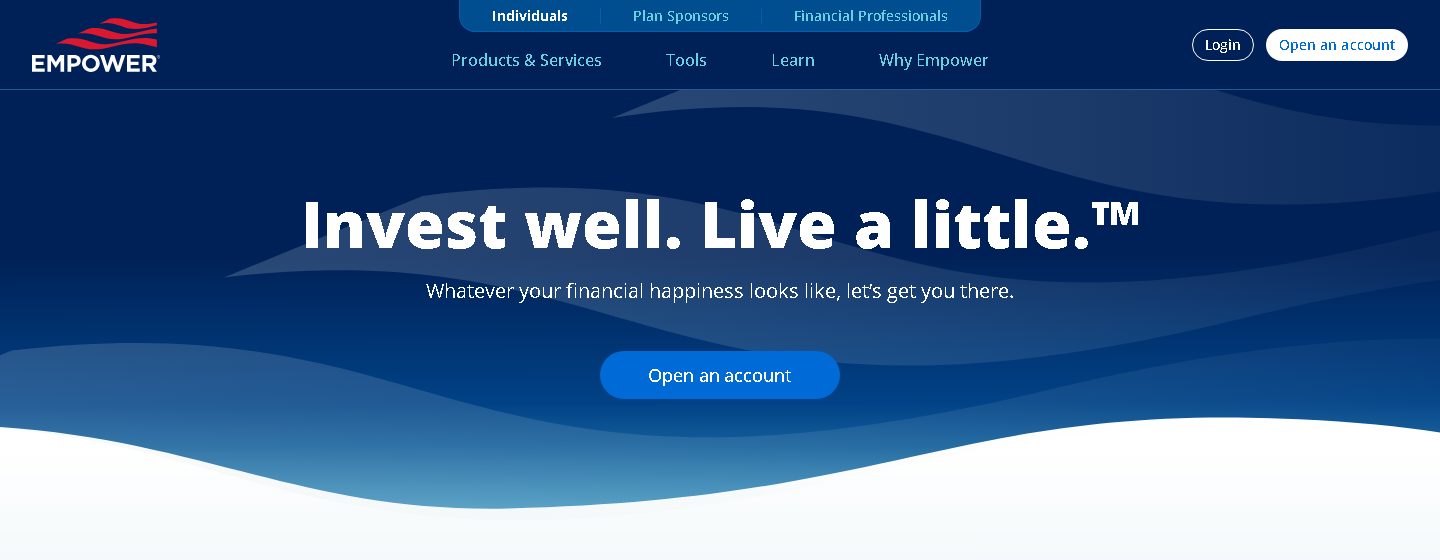 Empower homepage showing the Open an account button