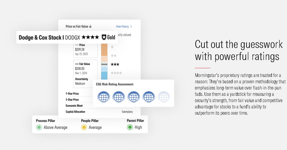 Morningstar Investor showing fair value, Economic Moat, and star rating for a mutual fund