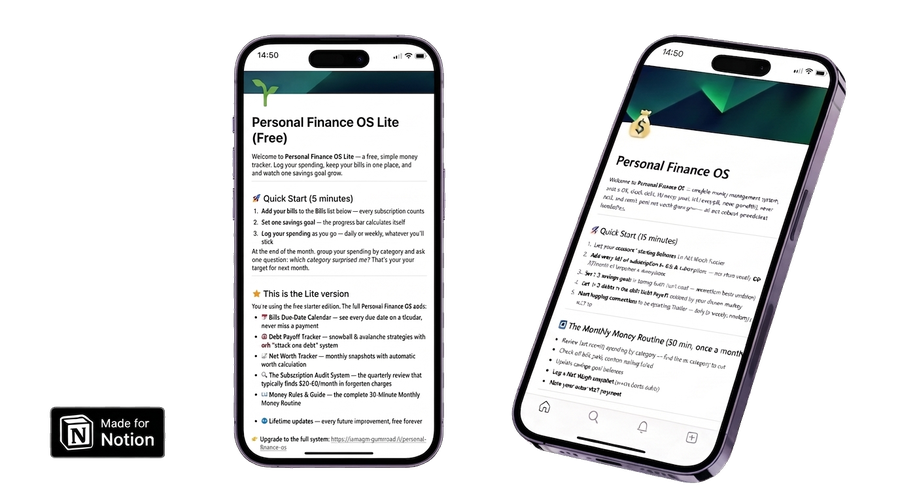 Personal Finance OS and the free Notion Budget Tracker Lite shown side by side on two phone screens