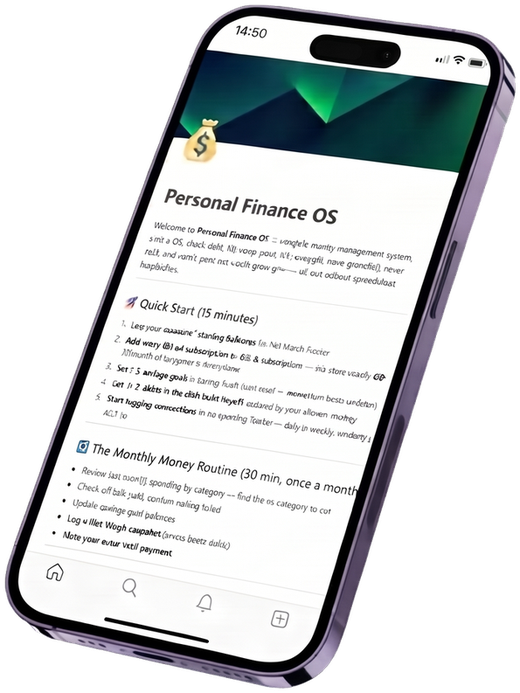 Personal Finance OS Notion template shown on a phone screen