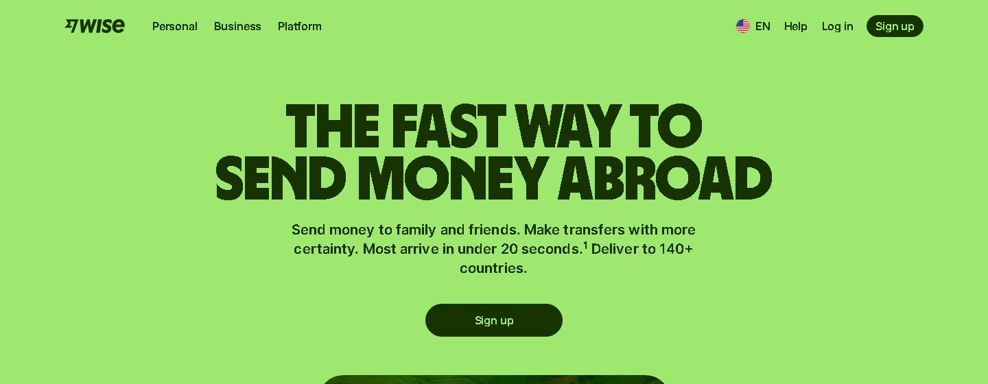 Wise homepage showing the Sign up button